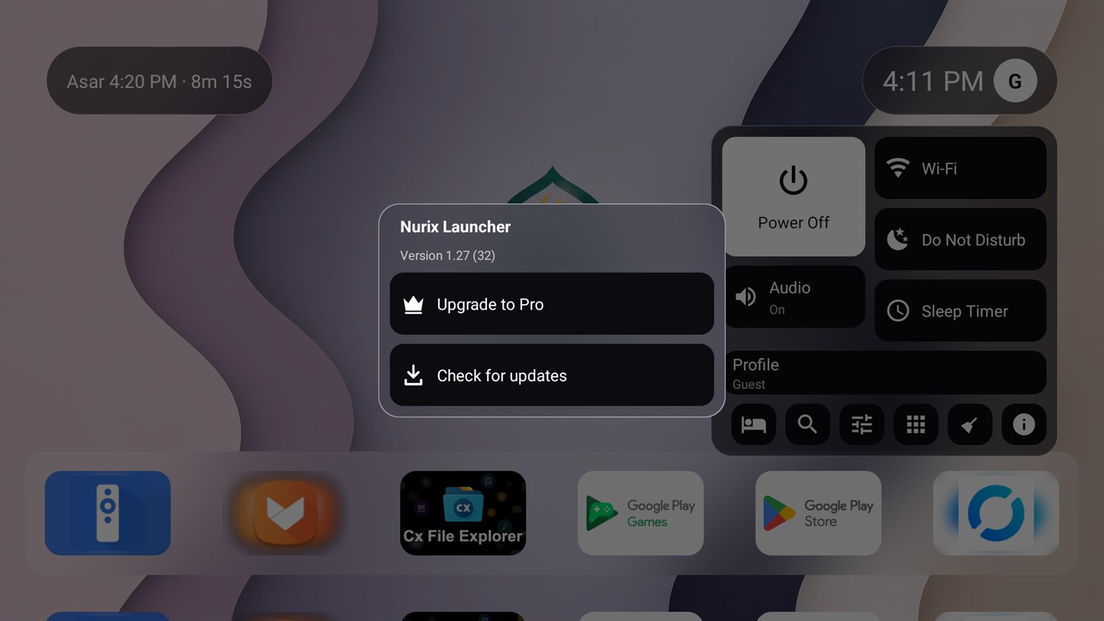 Kad Tentang: versi app, Upgrade ke Pro, dan Semak kemas kini.