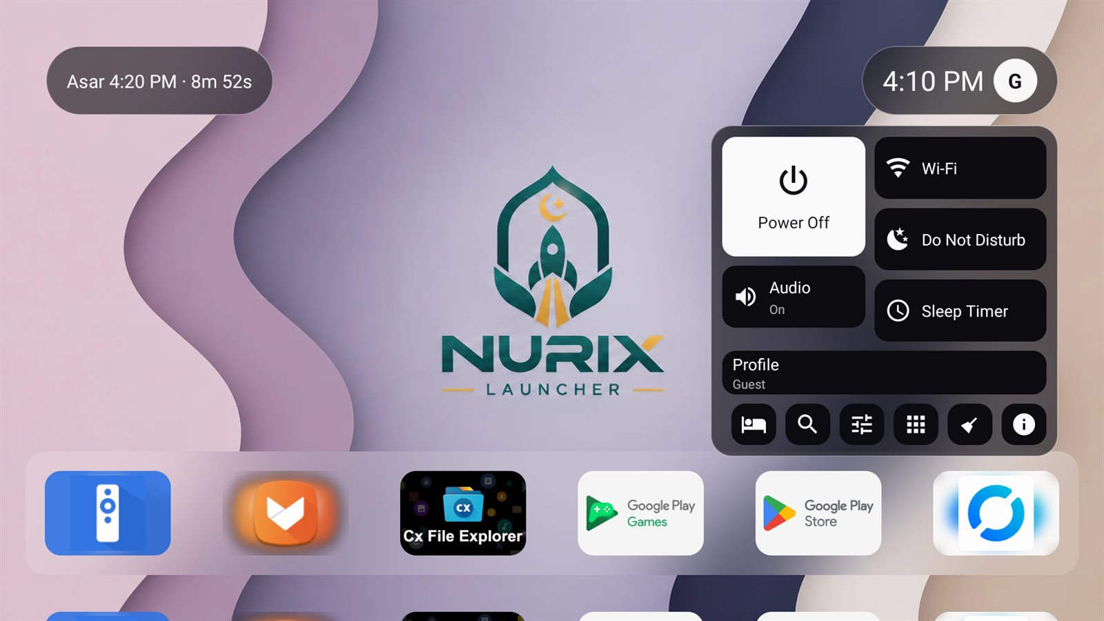 Pusat kawalan: kuasa, Wi-Fi, Do Not Disturb, audio, sleep timer, profil.