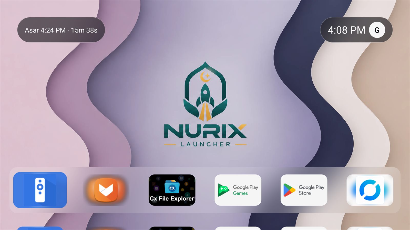 Skrin utama Nurix Launcher: pil profil dan pil waktu solat di atas, dock aplikasi di bawah.